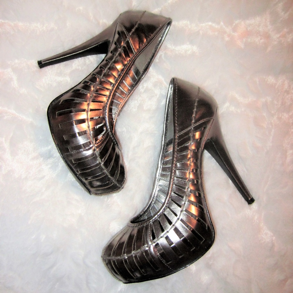 BCBGeneration Sexy Metallic Silver Cutout Heels